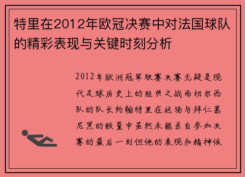 特里在2012年欧冠决赛中对法国球队的精彩表现与关键时刻分析