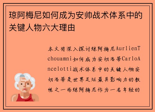 琼阿梅尼如何成为安帅战术体系中的关键人物六大理由